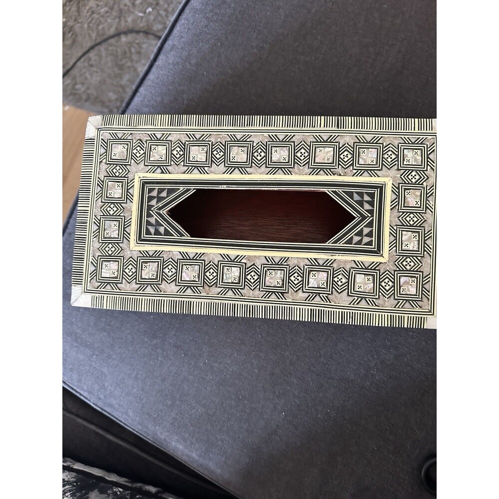 Wood & Mother Of  Pearl  Tissue box Cover 11”x 6”x 3.5” Pale Green/Gray/cream